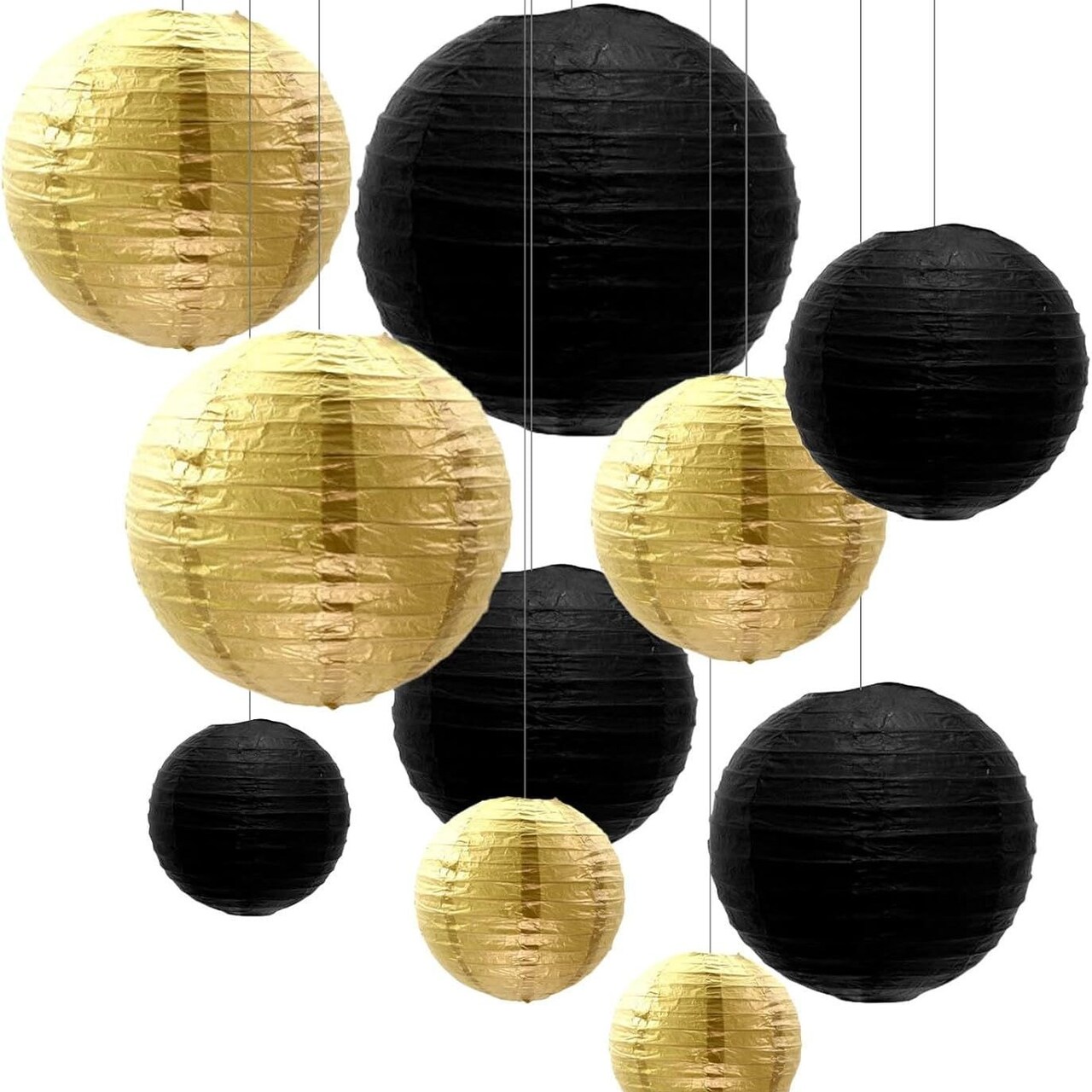 Edge Collections -Black-Black and Gold Round Paper Lanterns for Celebrations-10 pcs
